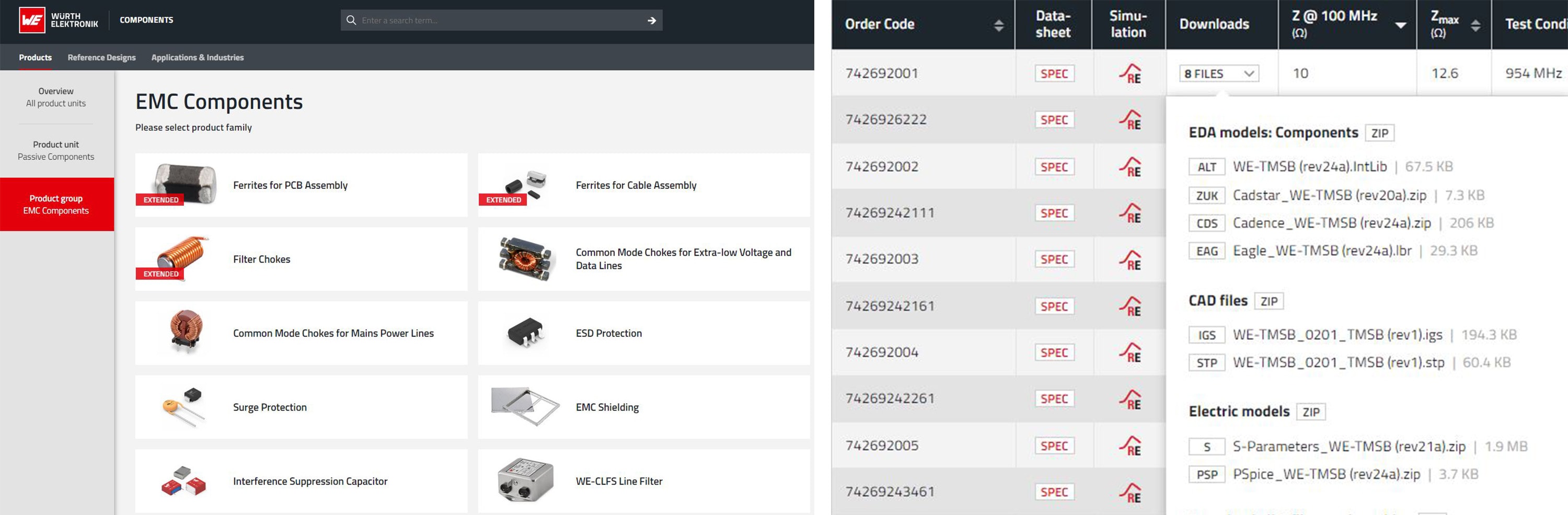 Online Catalog Navigation Libraries Screenshot of the online store of Würth Elektronik eiSos